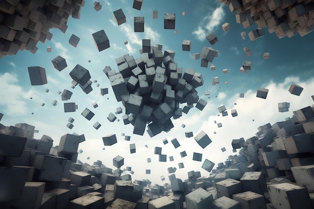 A wall of cubes is falling into the sky