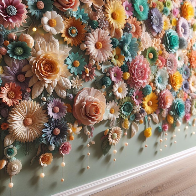 写真 色とりどりの花で飾られた壁