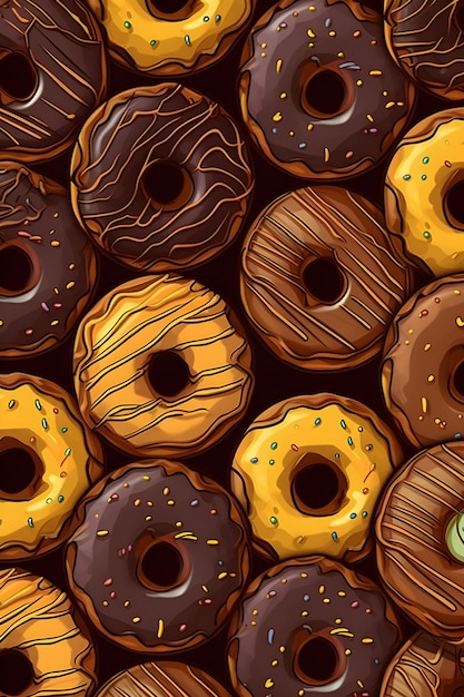 A wall of donuts with different flavors and the words donuts on it.