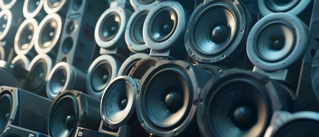 Photo a wall of dynamic sound waves radiating from an array of speakers