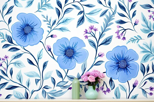 The wall features a floral blue and green wallpaper generative ai