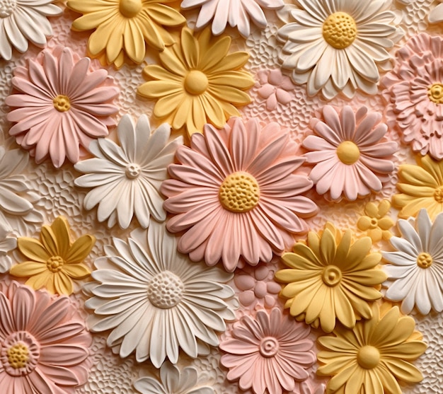 A wall of flowers with a yellow center and a white one with a yellow center.