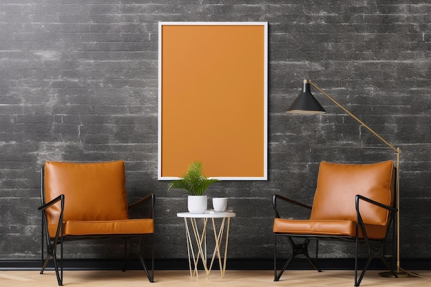 Wall frame mockup with copy space and two chairs