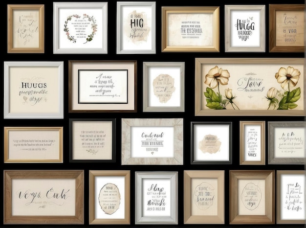 a wall of framed art with a variety of quotes on it and a quote on the wall