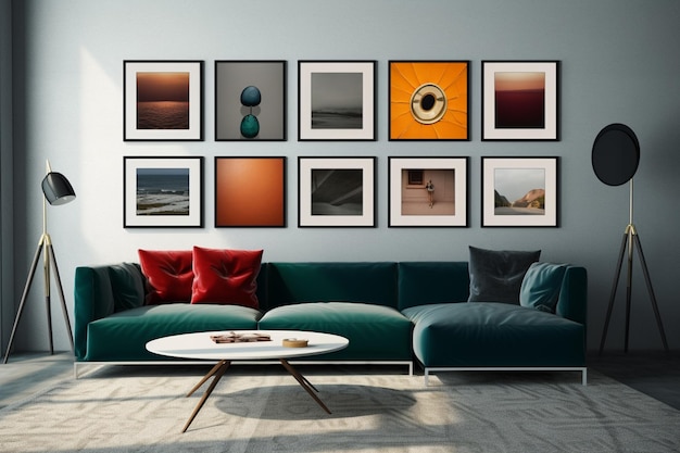 A wall of framed pictures with a green couch and a white coffee table with a picture of a eye on it.