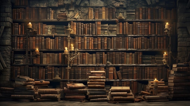 Photo a wall full of old ancient books of a library holding many historical books and manuscripts wide