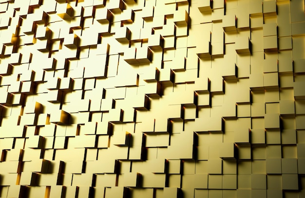 Wall of golden cubes abstract background 3D Photorealistic rendering