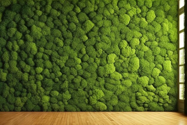 Wall of green moss and window in the living room in modern interior