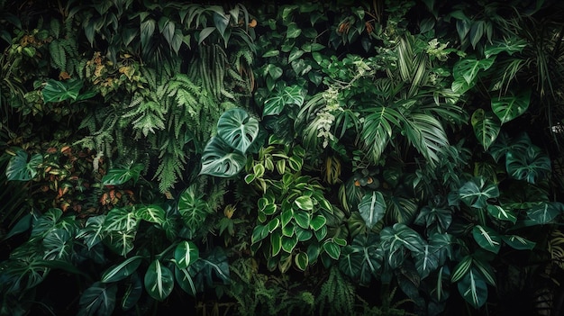 Wall of green plants Natural background of tropical plants Generative Ai