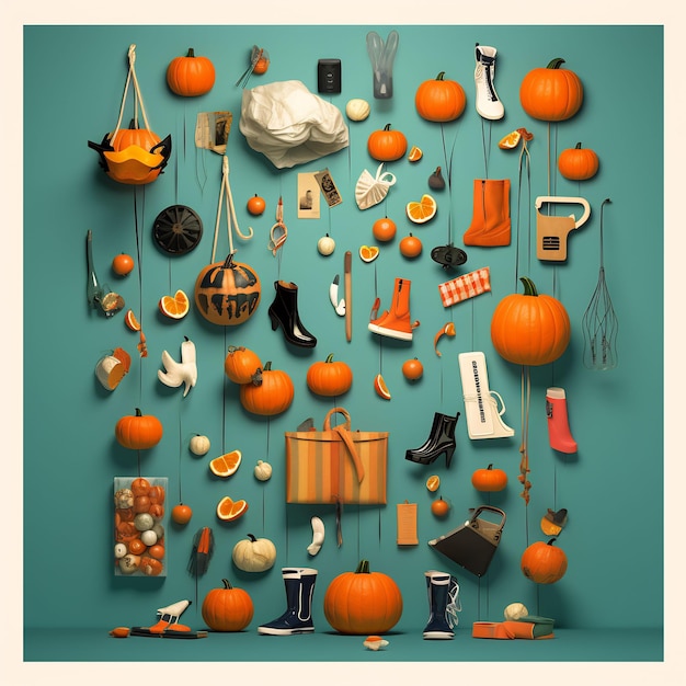 a wall of halloween items including a picture of a pumpkin and boots