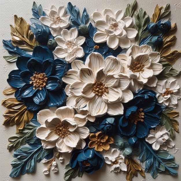 A wall hanging of flowers made of ceramic