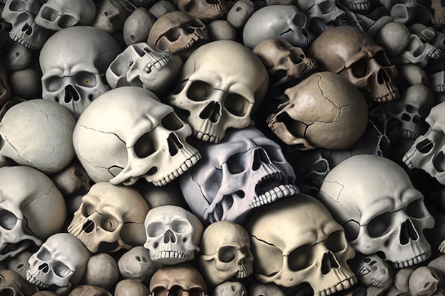 Wall of human bones and skulls in a catacomb Neural network AI generated