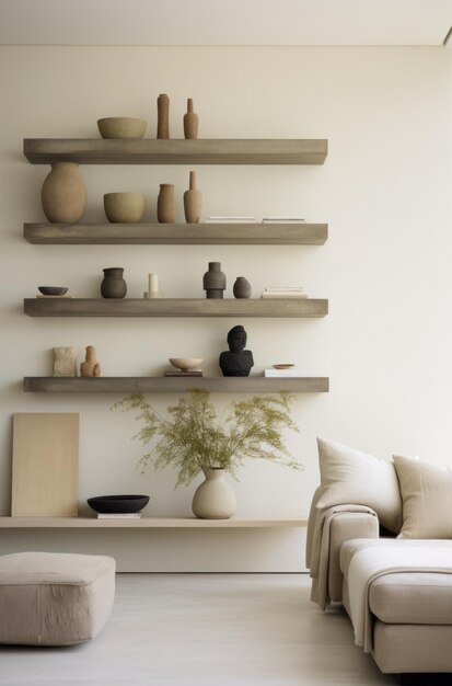 The wall is covered with shelves with planters and tall ceiling
