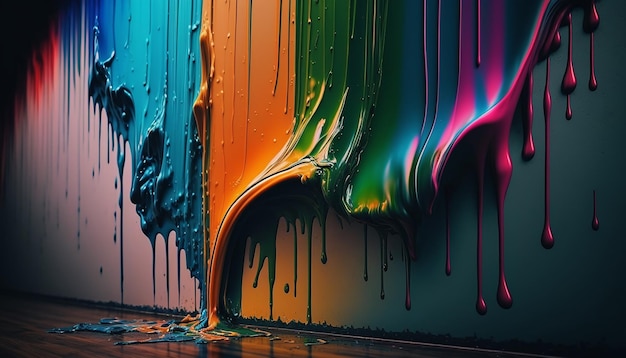 Стена окрашена разноцветными брызгами краски и каплями Generative AI