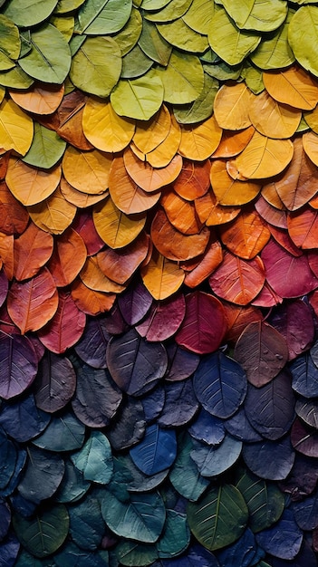 A wall of leaves that are colored in different colors