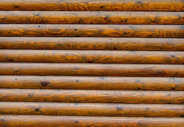 Wall of a log house wall with texture and wood knots exterior