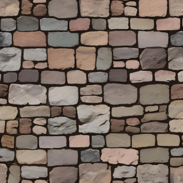 A wall made of bricks with different colors and shapes.