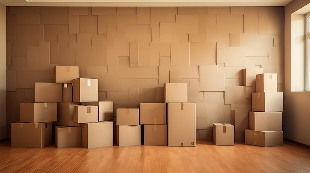 Wall made of closed cardboard boxes stacked in an empty room