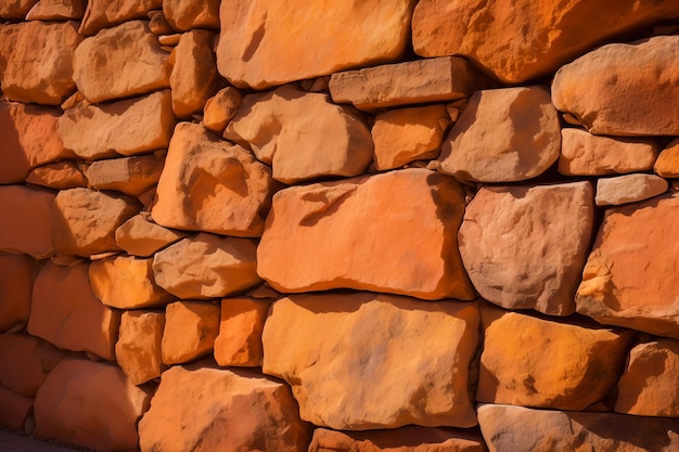 A wall made of red rocks with the word rock on it.