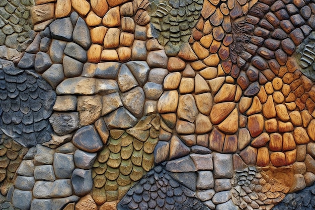 A wall made of rocks that have different colored stones