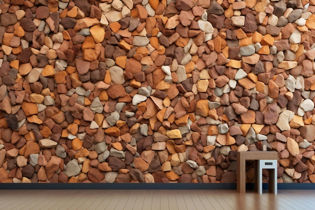 Photo wall made of small stones and wooden chair