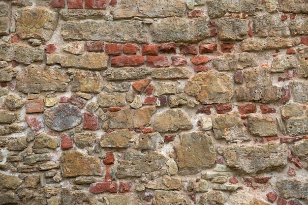 Wall of medieval castle with stones and red bricks