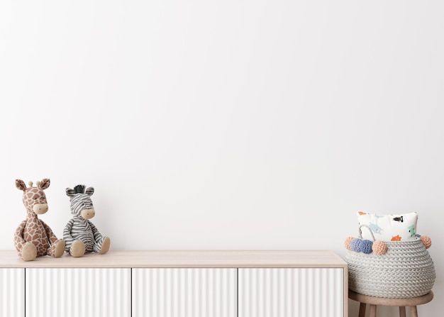 Wall mock up in kids room Copy space for your artwork picture poster or sticker Child's room mockup Blank white wall close up view Empty space on the sideboard to show toy product 3D render