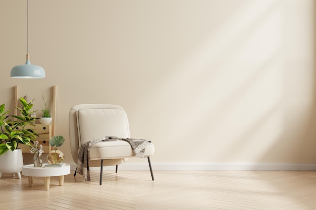 Wall mock up in warm tones with armchair on cream color wall background