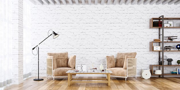 Wall mock up in white simple interior with armchairs and shelf 3d render