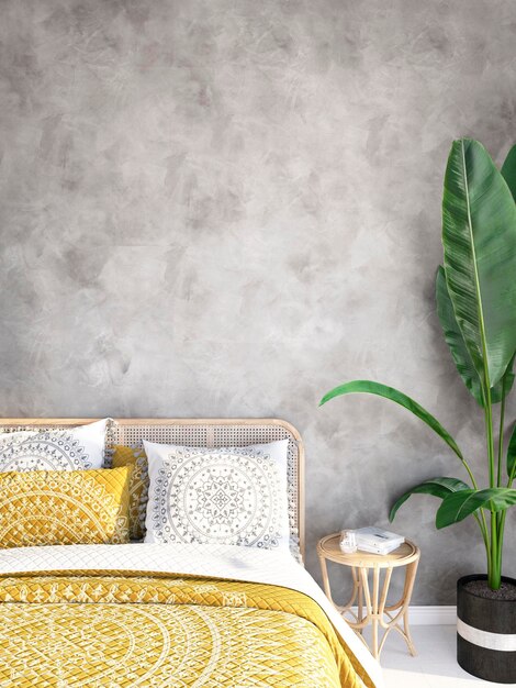 Photo wall mockup of bedroom interior with bed and plant