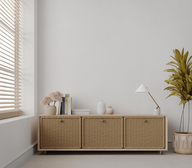 Wall mockup boho style interior with drawer and plant