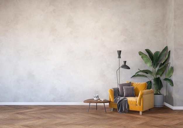 Photo wall mockup of living room with yellow armchair wooden coffee table and plant