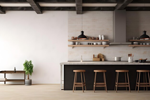 Wall mockup in loft kitchen in industrial style 3d render