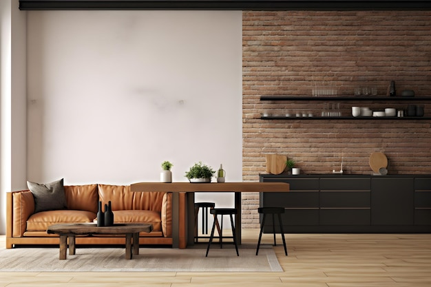 Wall mockup in loft kitchen in industrial style 3d render