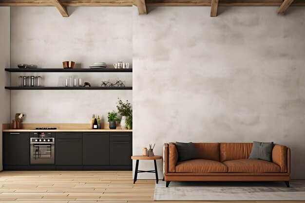 Wall mockup in loft kitchen in industrial style 3d render