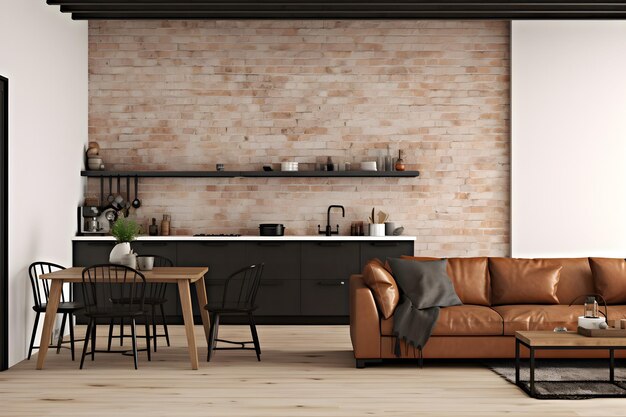 Wall mockup in loft kitchen in industrial style 3d render