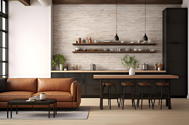 Wall mockup in loft kitchen in industrial style 3d render