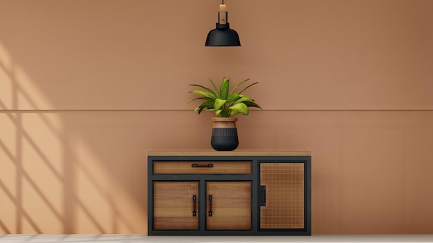 Wall mockup of old table and flower pot on light brown background, 3D rendering