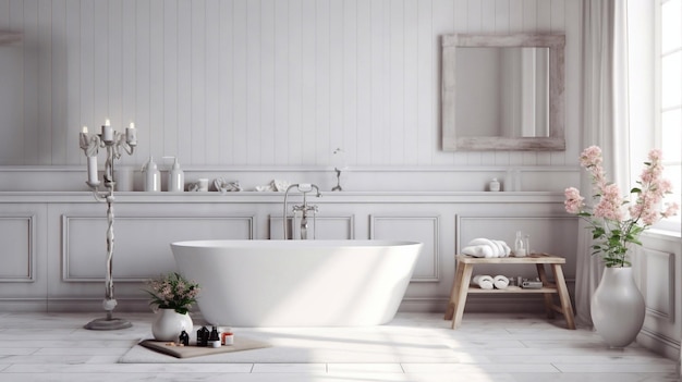 wall mockup in white cozy bathroom interior background