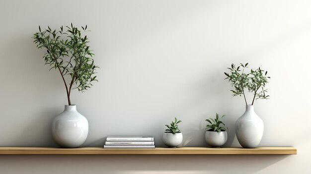 Wall Mockup with 3D wooden shelf and flower branch ceramic vase AI Generated Image