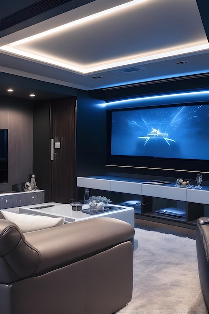 Wall mounted flatscreen TV reclining leather seats entertainment room modern sleek cinematic