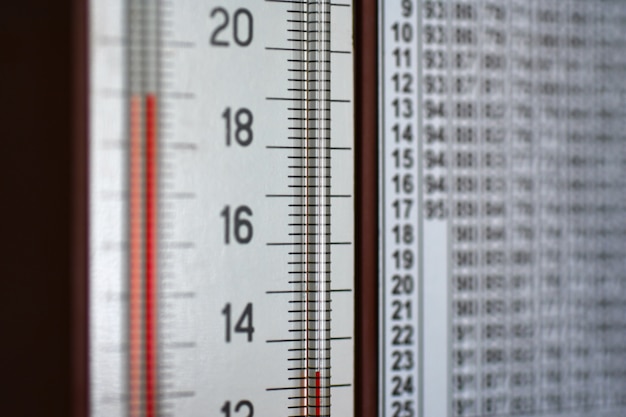 Wall mounted hygrometer thermometer shows a column of temperature and humidity