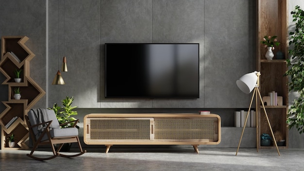 Tv montata a parete su mobile in soggiorno moderno con poltronalampadafiore e pianta su muro di cemento,rendering 3d