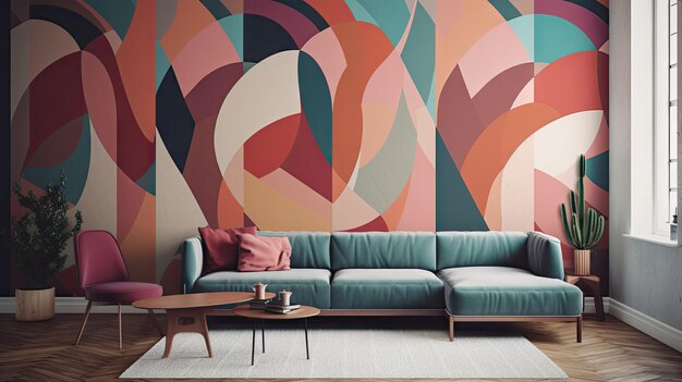 a wall mural by person features a colorful background with a large, geometric design.