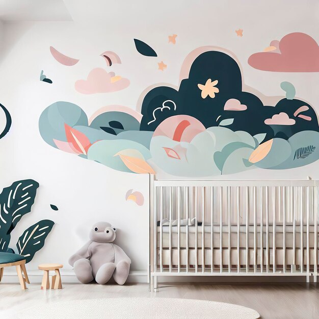 Photo wall mural mockup in baby's room