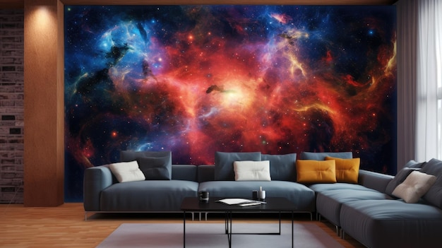 A wall mural of a nebula with the word universe on it.