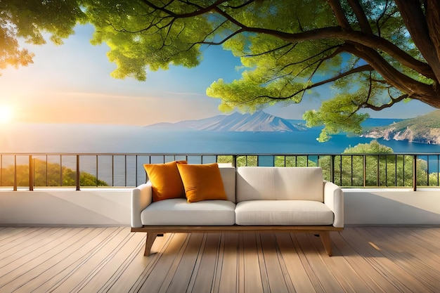 A wall mural of a sunny day with a view of a mountain and a blue sky.