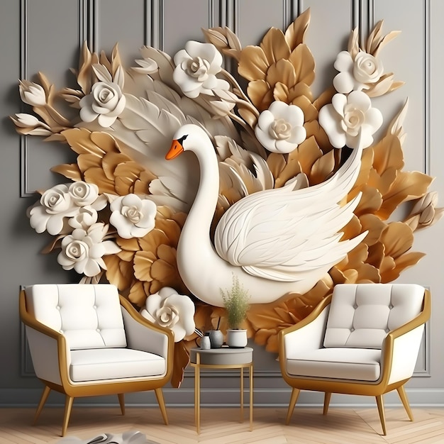 A wall mural of a swan and two chairs.