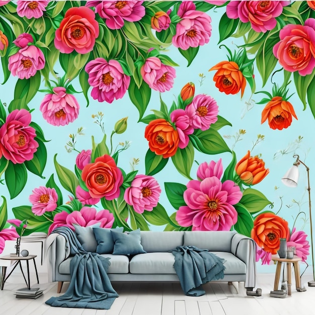 A wall mural with a flower on it that is decorated with pink and red flowers.