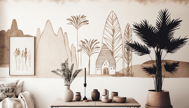 A wall mural with a house in the background
